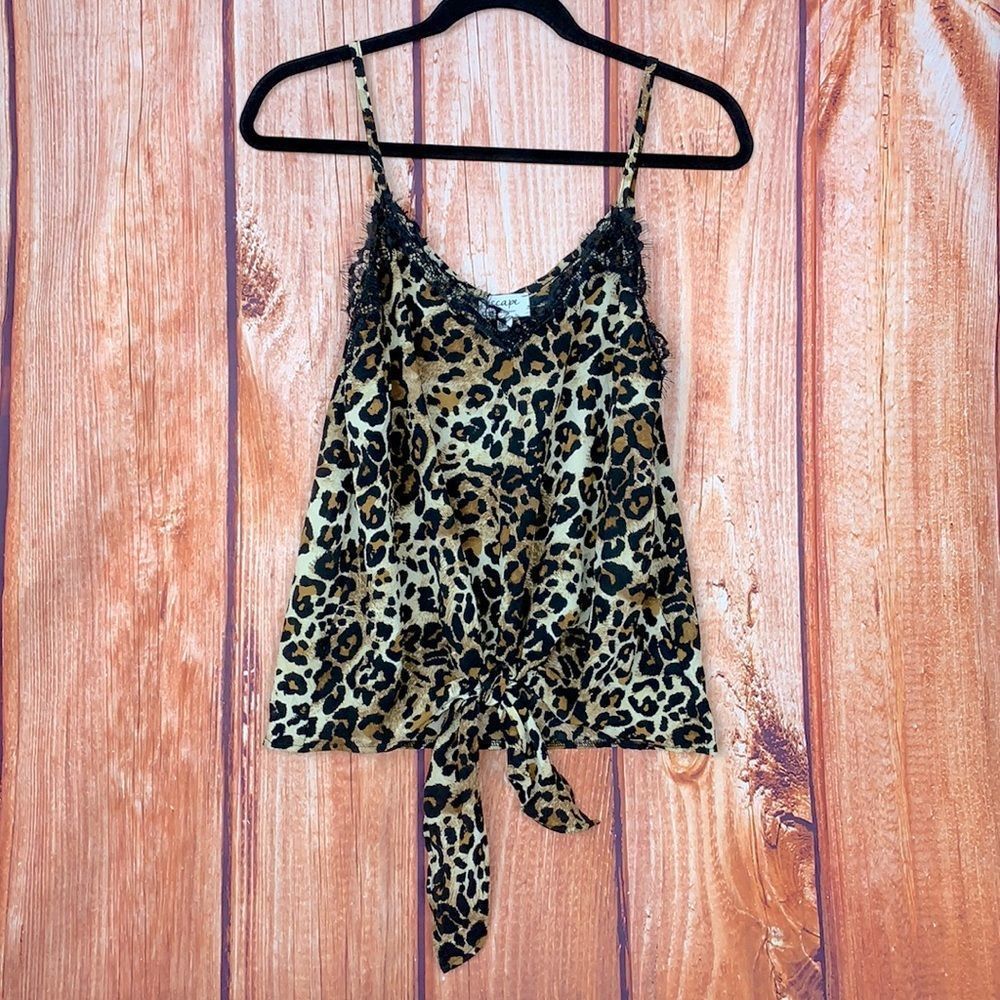 NWT Escape Sexy Sleeveless Leopard Print Black Lace Tie Knot Camisole Top 1784
